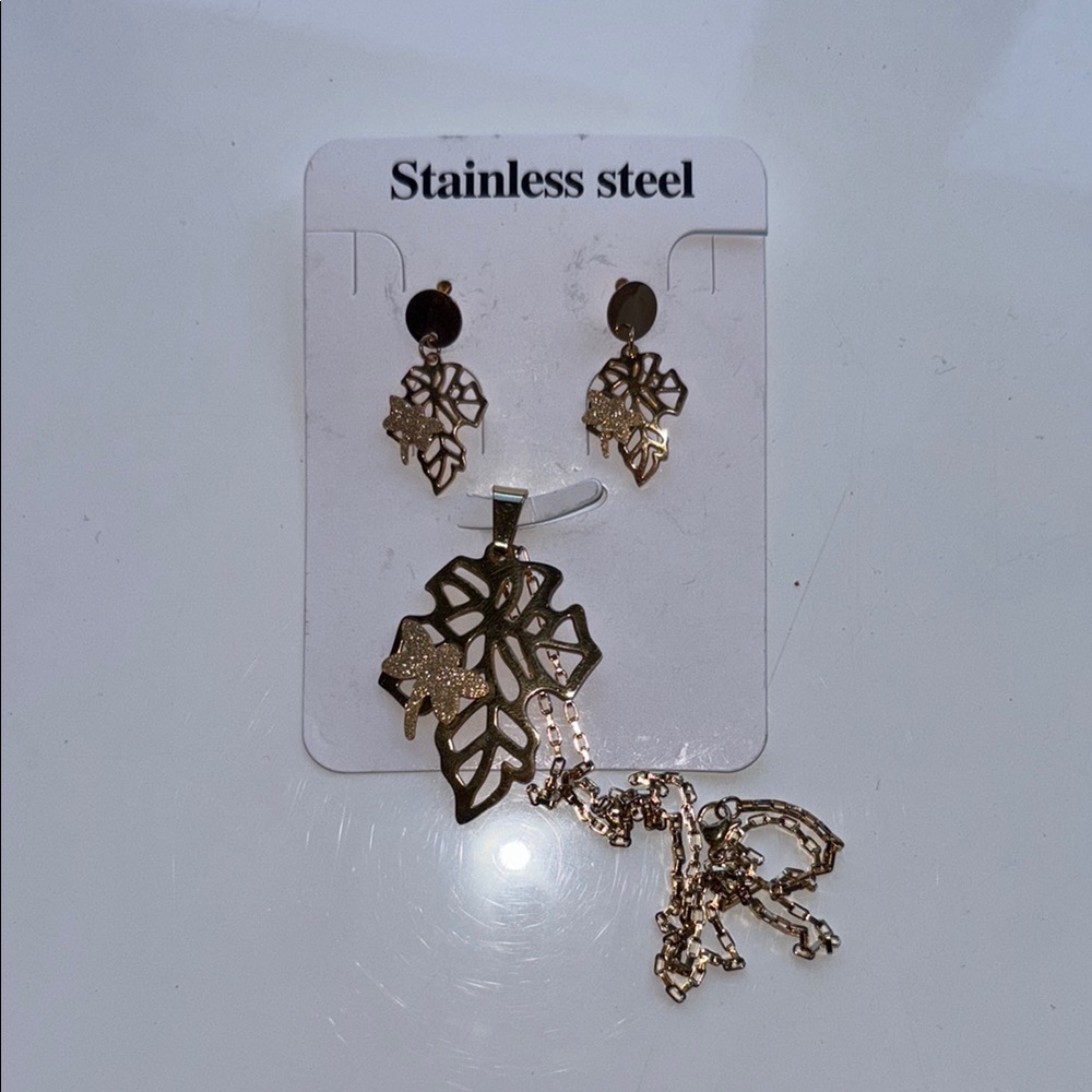 Gold Leaf Stainless Steel Jewelry Set
